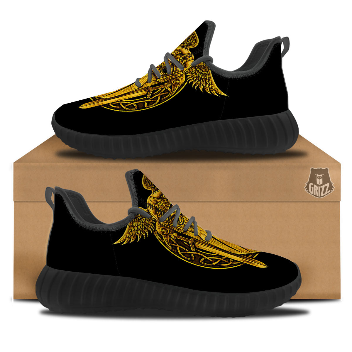 Odin God And Crow Gold Viking Print Black Walking Shoes-grizzshop