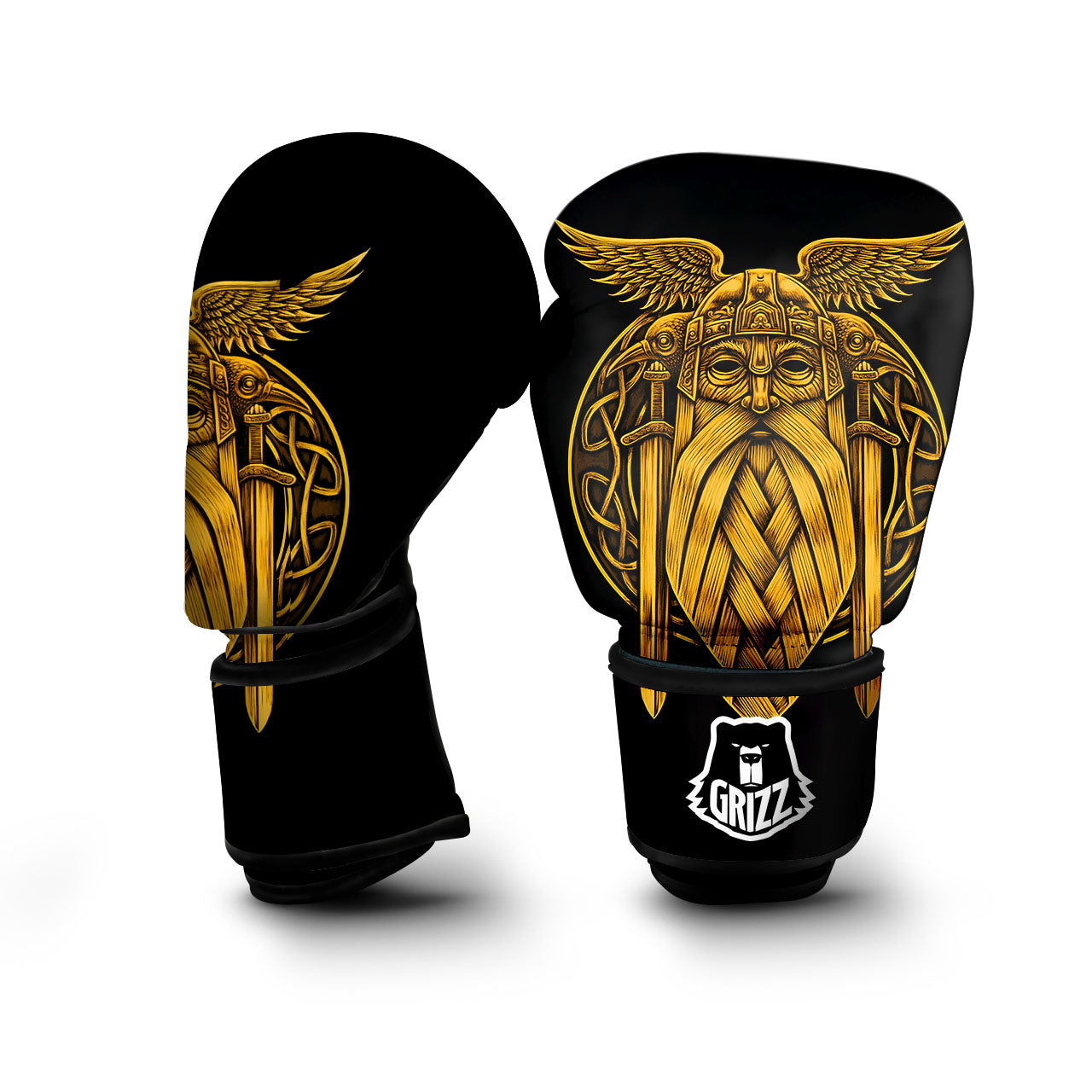 Odin God And Crow Gold Viking Print Boxing Gloves-grizzshop