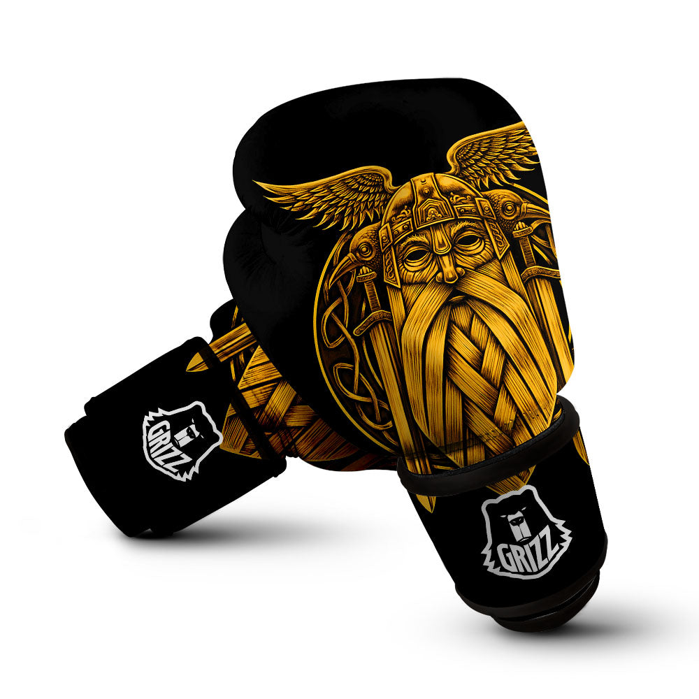 Odin God And Crow Gold Viking Print Boxing Gloves-grizzshop