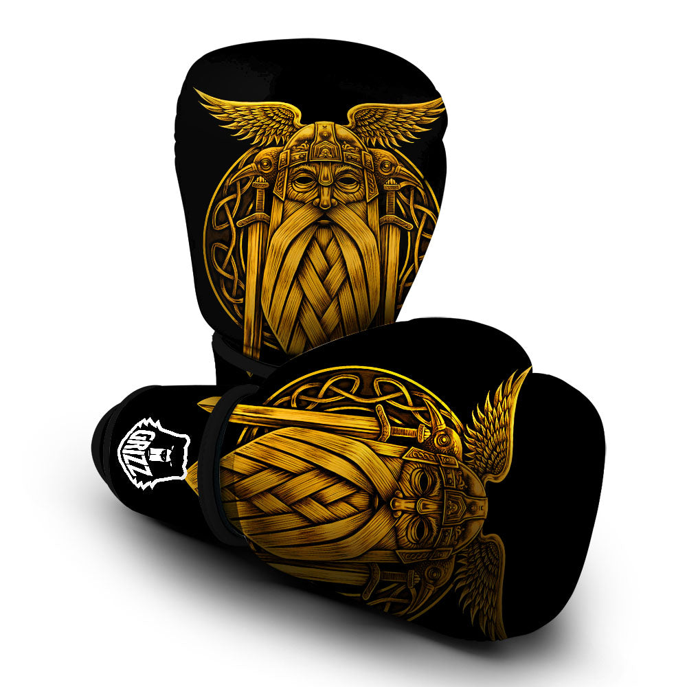 Odin God And Crow Gold Viking Print Boxing Gloves-grizzshop