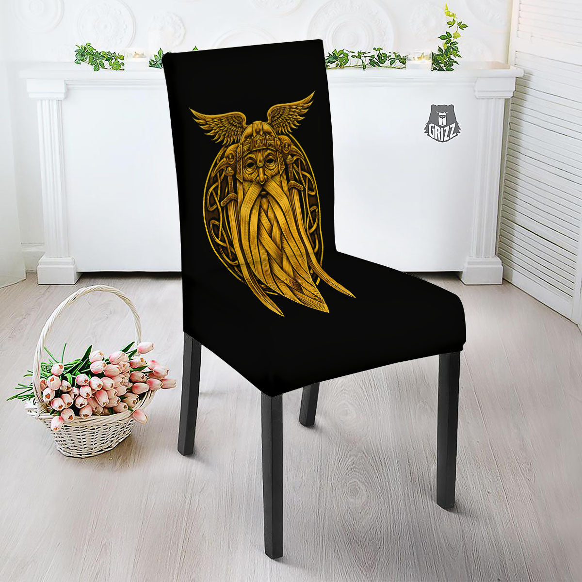 Odin God And Crow Gold Viking Print Dining Chair Slipcover-grizzshop
