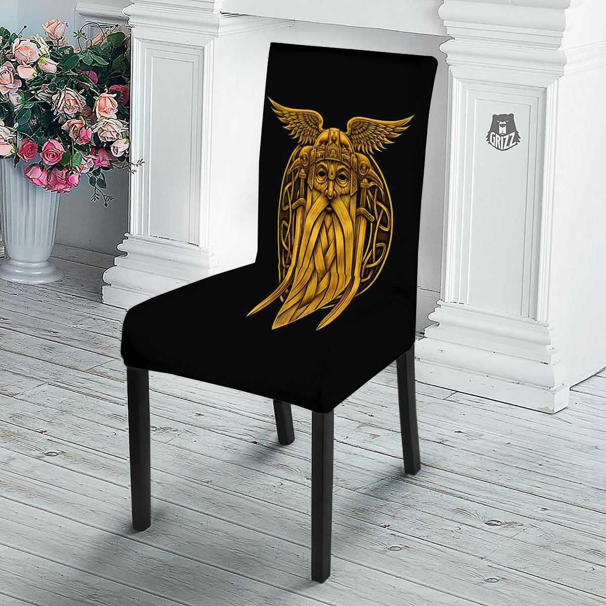 Odin God And Crow Gold Viking Print Dining Chair Slipcover-grizzshop