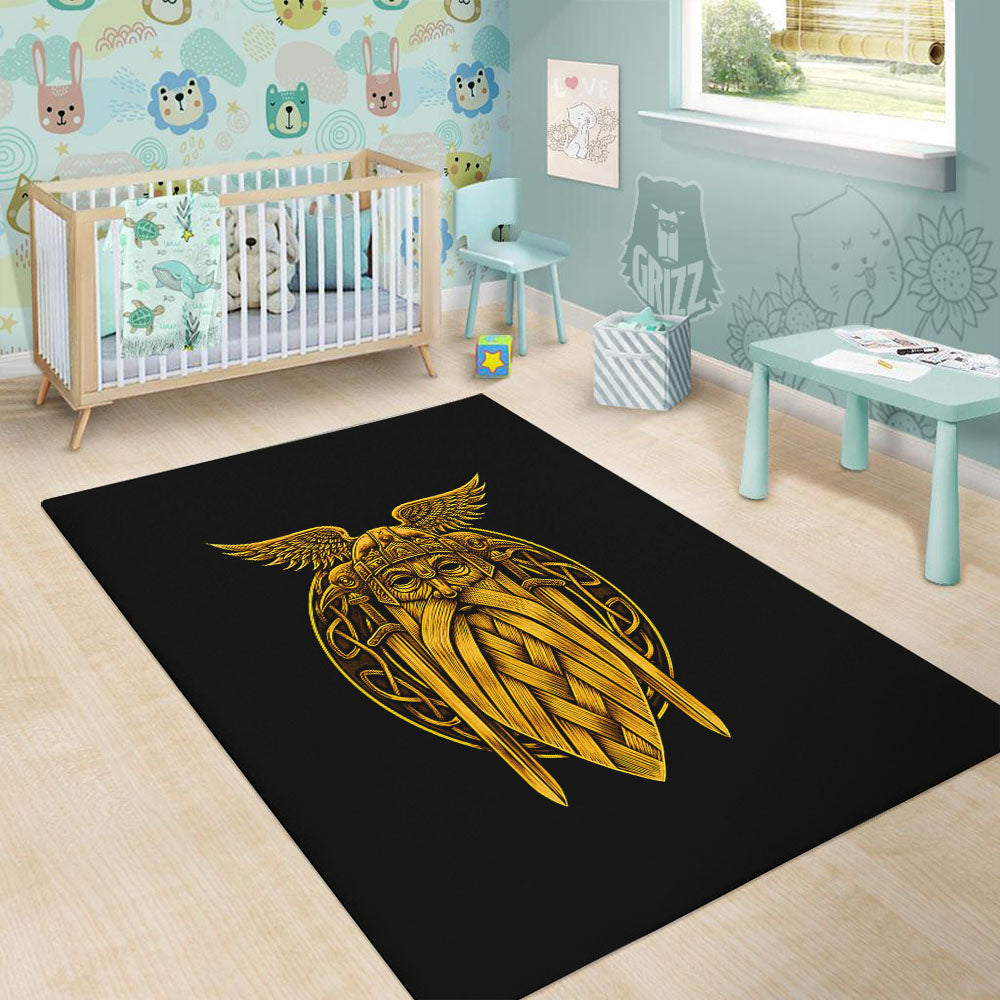 Odin God And Crow Gold Viking Print Floor Mat-grizzshop
