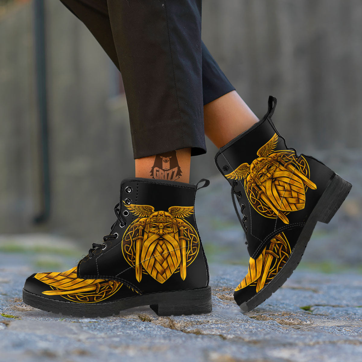 Odin God And Crow Gold Viking Print Leather Boots-grizzshop