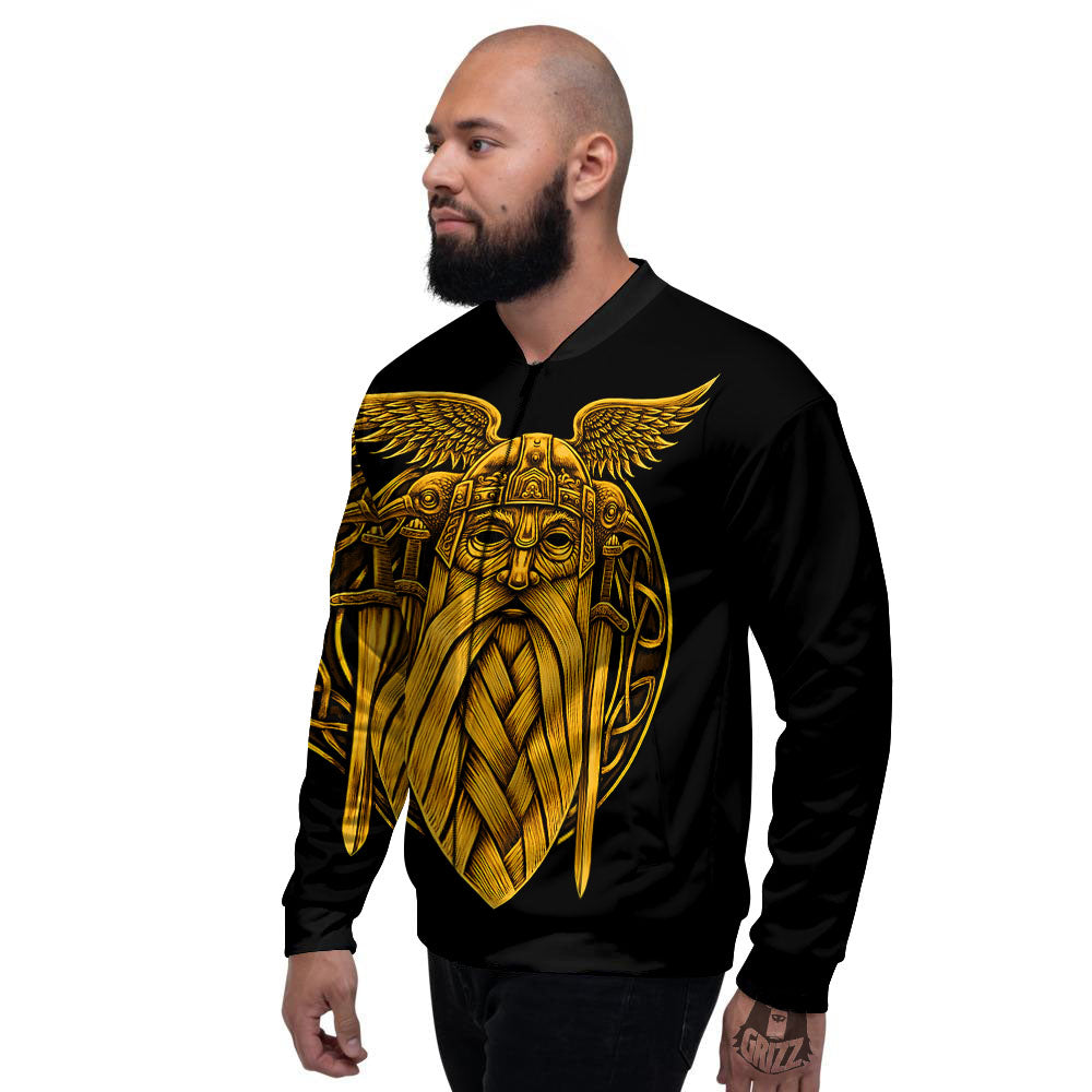 Odin God And Crow Gold Viking Print Men's Bomber Jacket-grizzshop