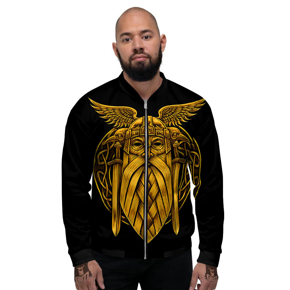 Odin God And Crow Gold Viking Print Men's Bomber Jacket-grizzshop