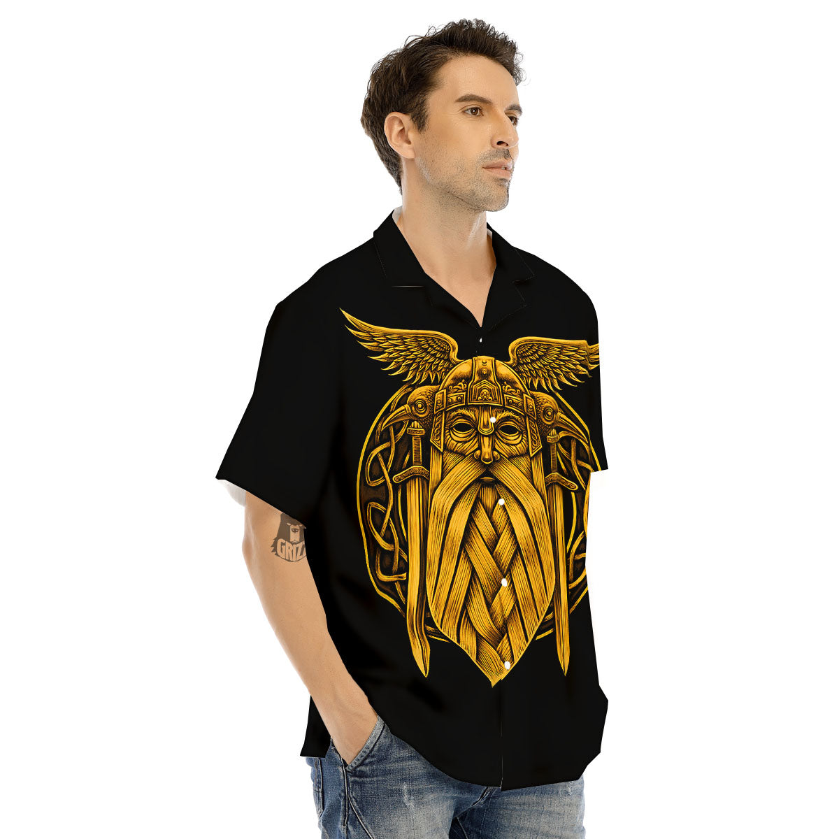 Odin God And Crow Gold Viking Print Men's Hawaiian Shirt-grizzshop
