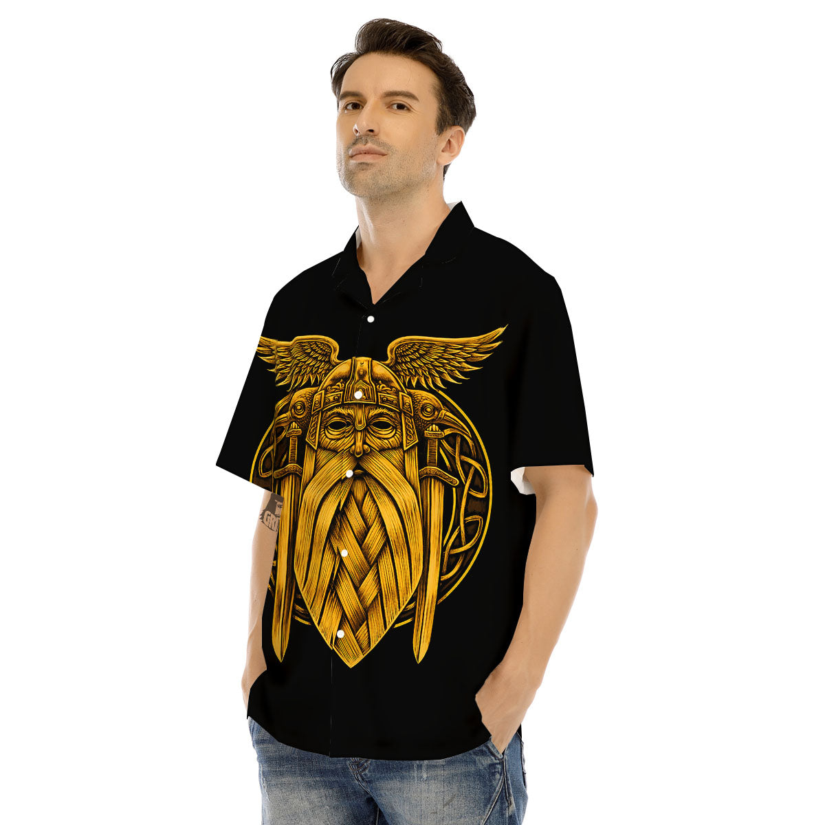 Odin God And Crow Gold Viking Print Men's Hawaiian Shirt-grizzshop