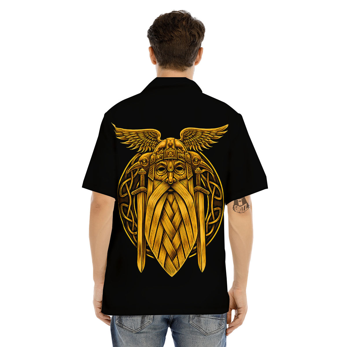 Odin God And Crow Gold Viking Print Men's Hawaiian Shirt-grizzshop