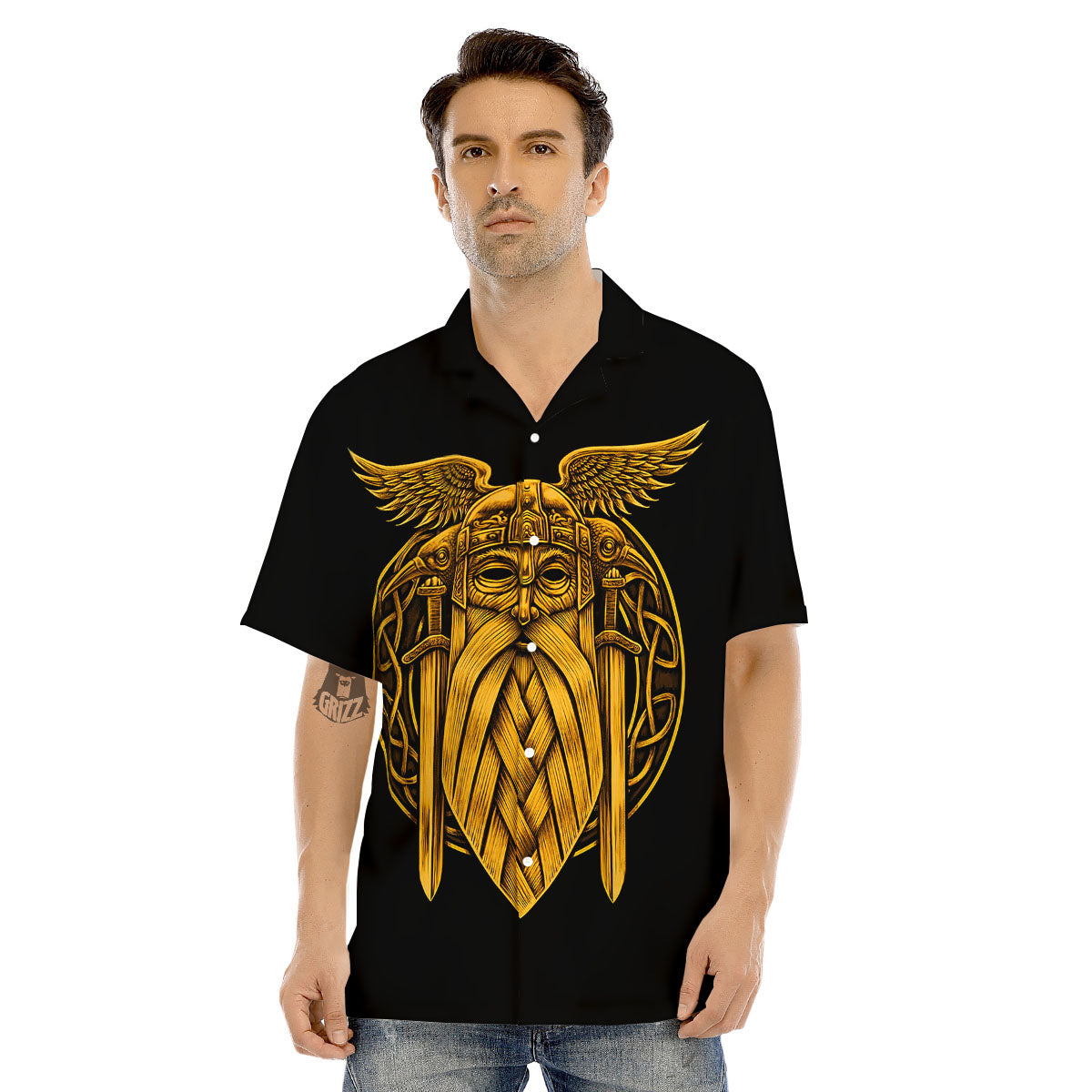 Odin God And Crow Gold Viking Print Men's Hawaiian Shirt-grizzshop