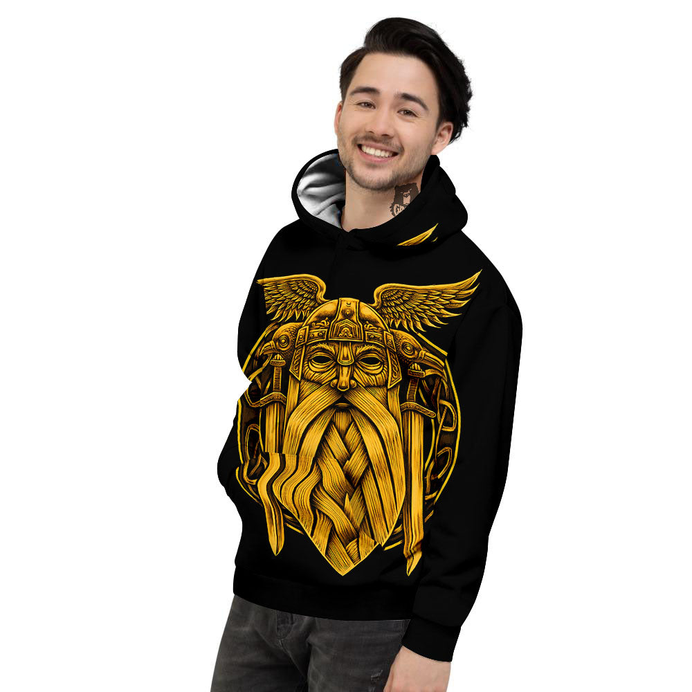 Odin God And Crow Gold Viking Print Men's Hoodie-grizzshop