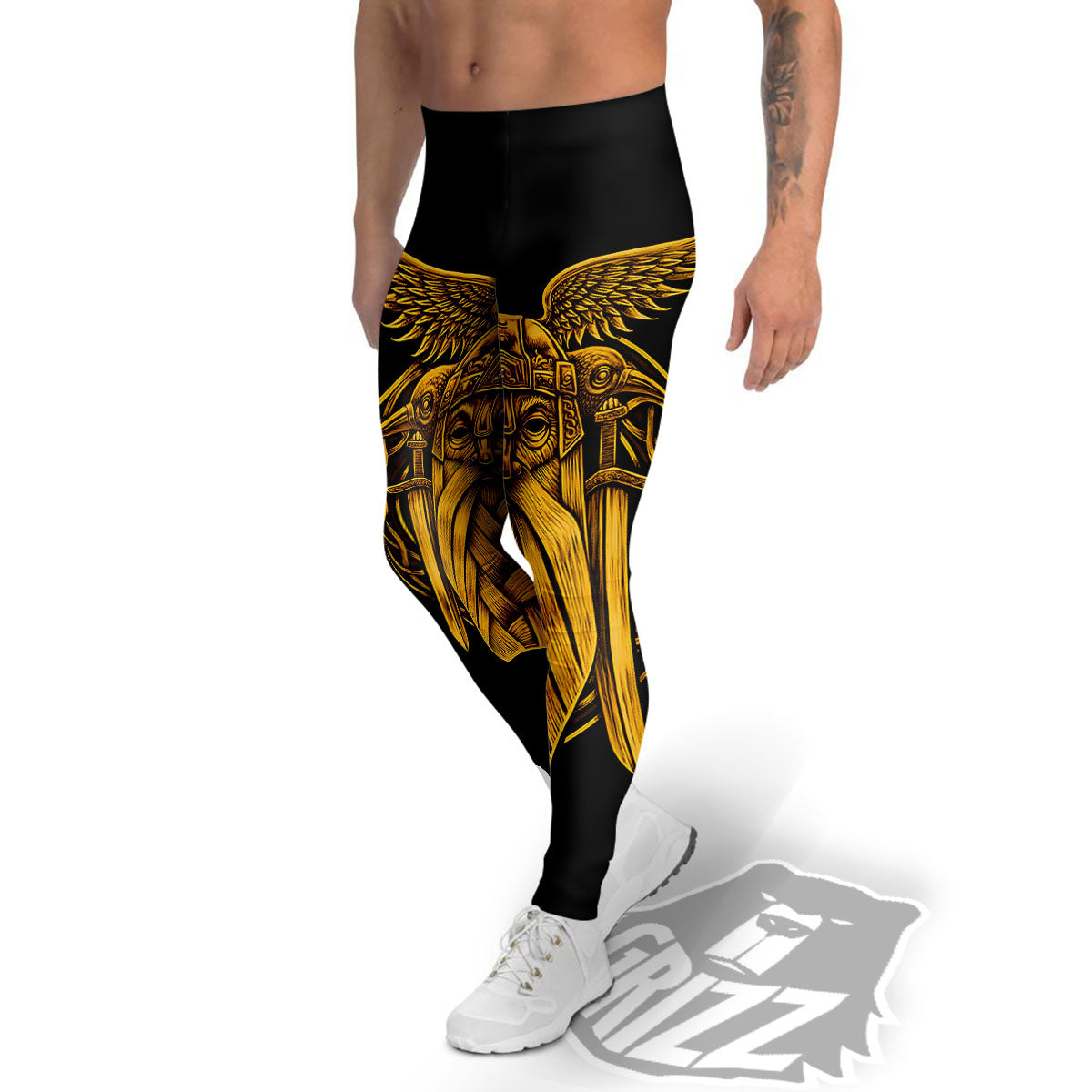 Odin God And Crow Gold Viking Print Men's Leggings-grizzshop