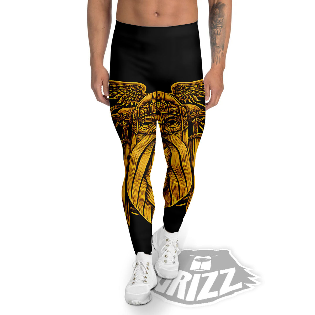 Odin God And Crow Gold Viking Print Men's Leggings-grizzshop