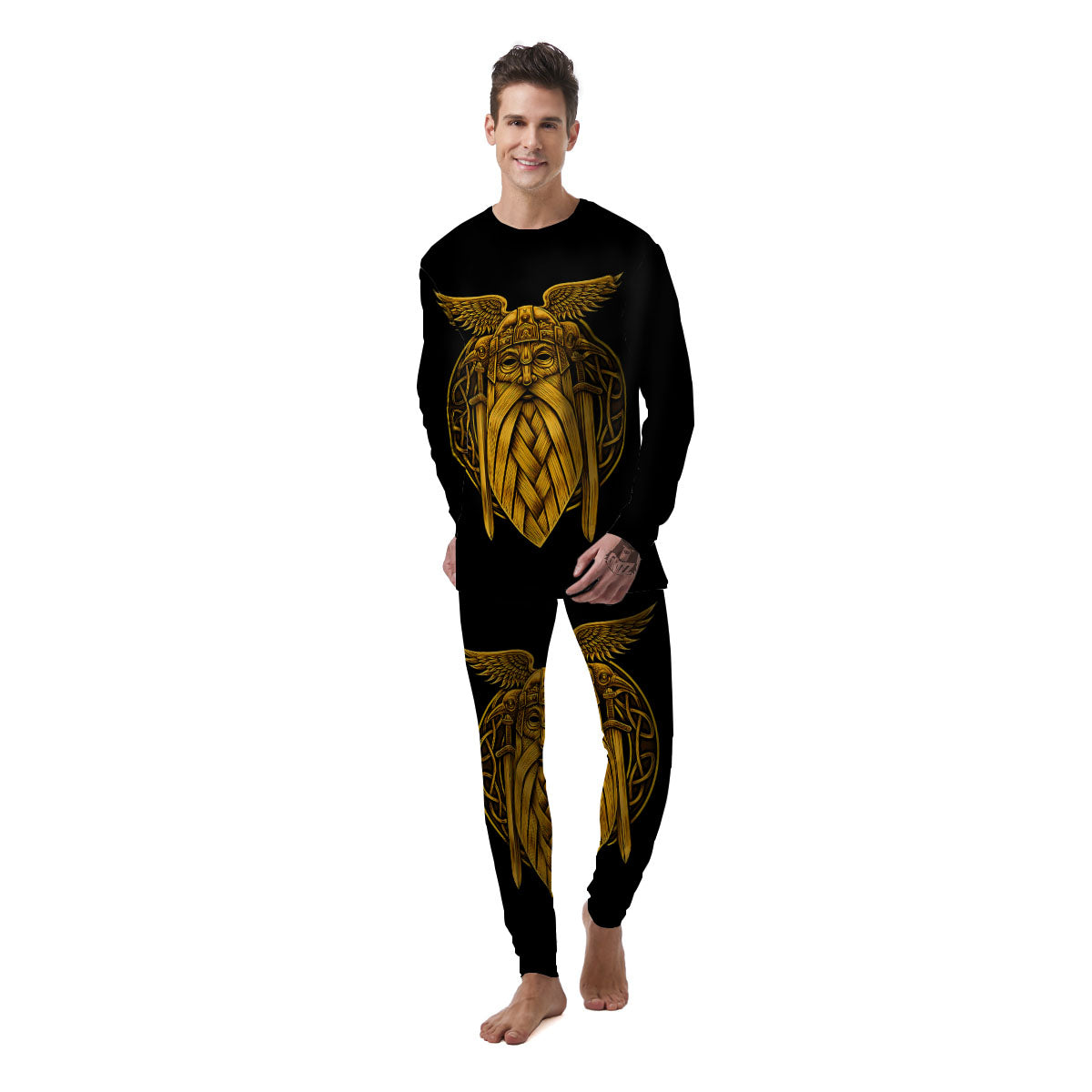 Odin God And Crow Gold Viking Print Men's Pajamas-grizzshop