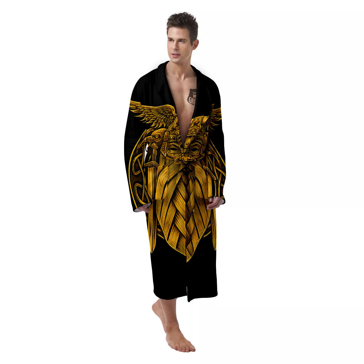 Odin God And Crow Gold Viking Print Men's Robe-grizzshop