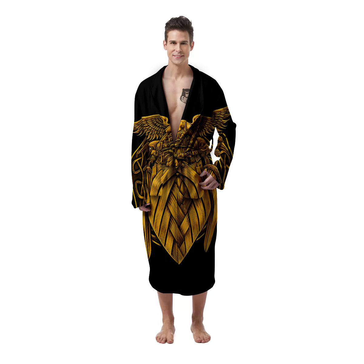 Odin God And Crow Gold Viking Print Men's Robe-grizzshop