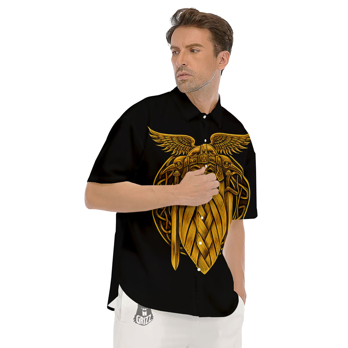 Odin God And Crow Gold Viking Print Men's Short Sleeve Shirts-grizzshop