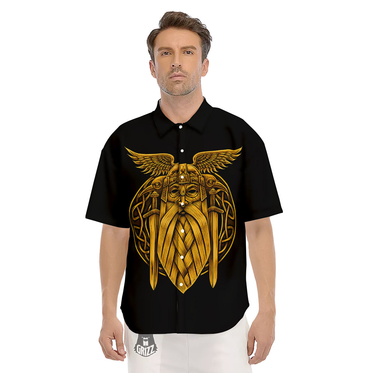Odin God And Crow Gold Viking Print Men's Short Sleeve Shirts-grizzshop
