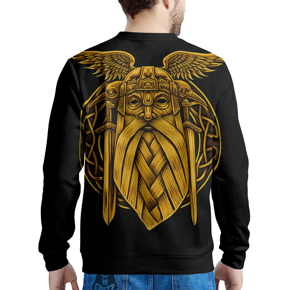 Odin God And Crow Gold Viking Print Men's Sweatshirt-grizzshop
