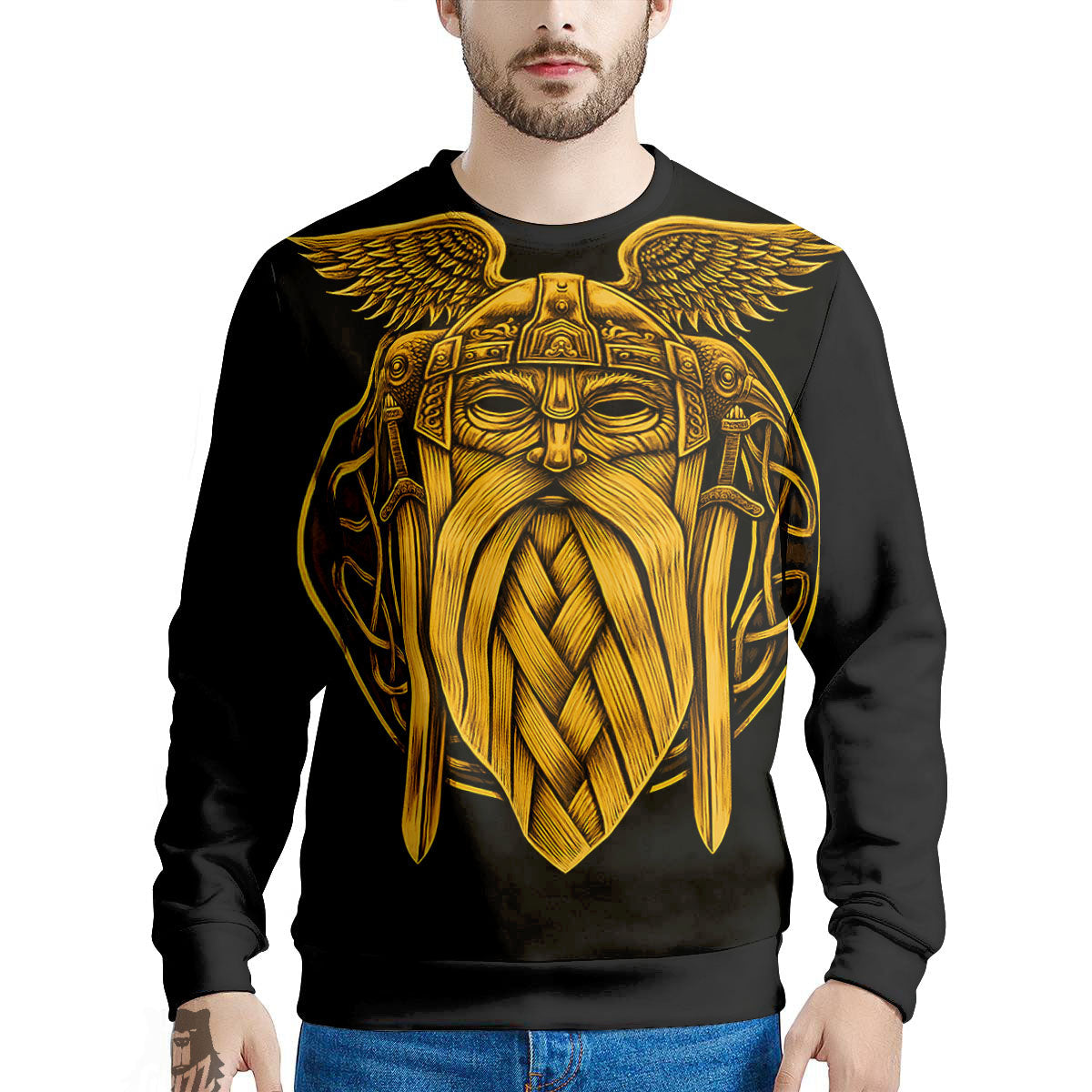 Odin God And Crow Gold Viking Print Men's Sweatshirt-grizzshop