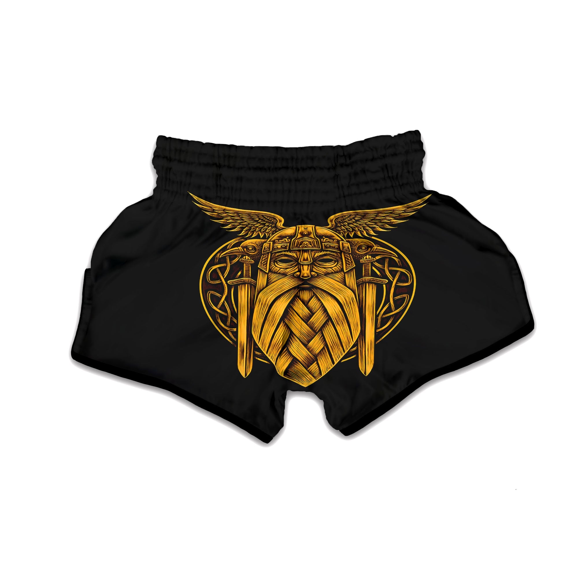 Odin God And Crow Gold Viking Print Muay Thai Boxing Shorts-grizzshop