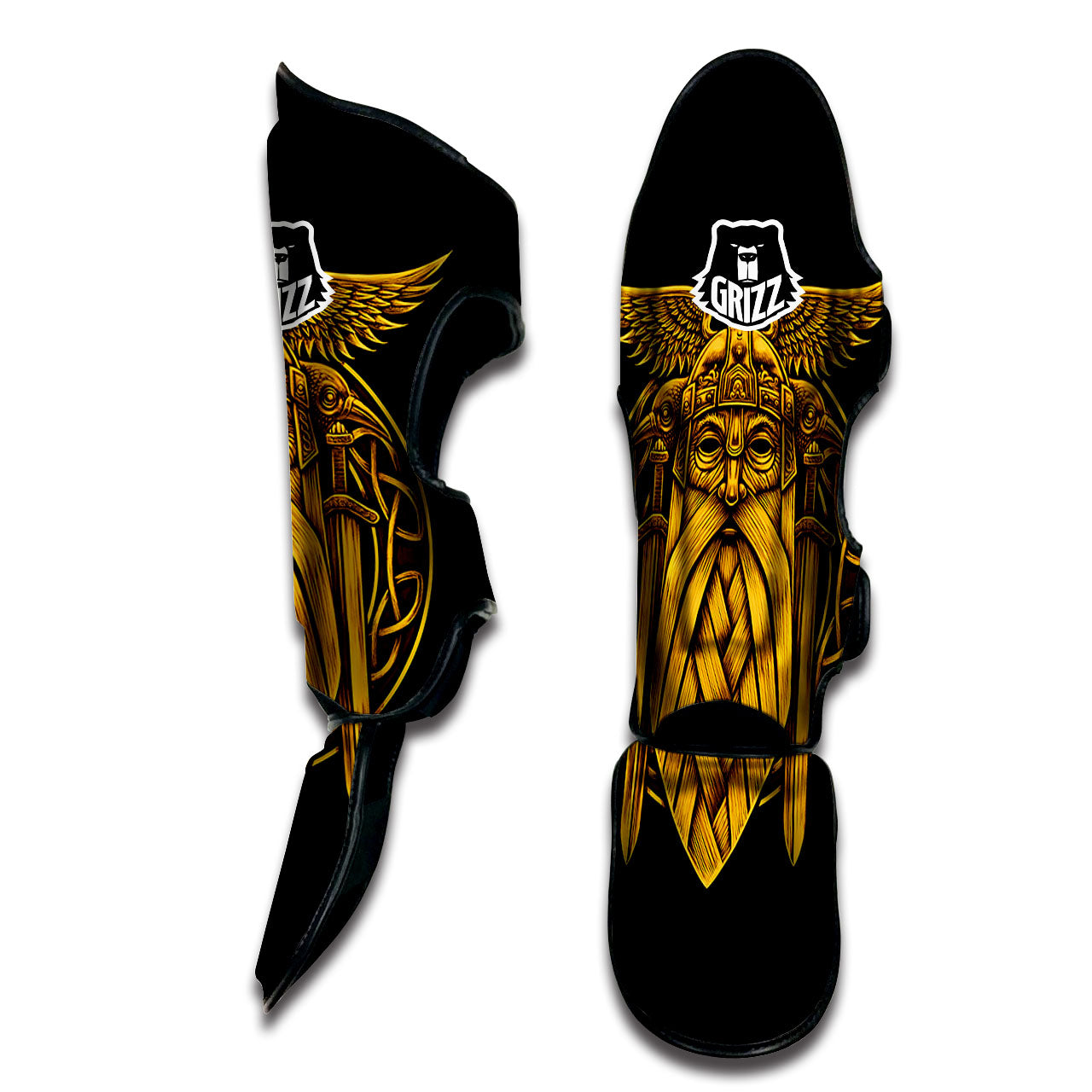 Odin God And Crow Gold Viking Print Muay Thai Shin Guards-grizzshop