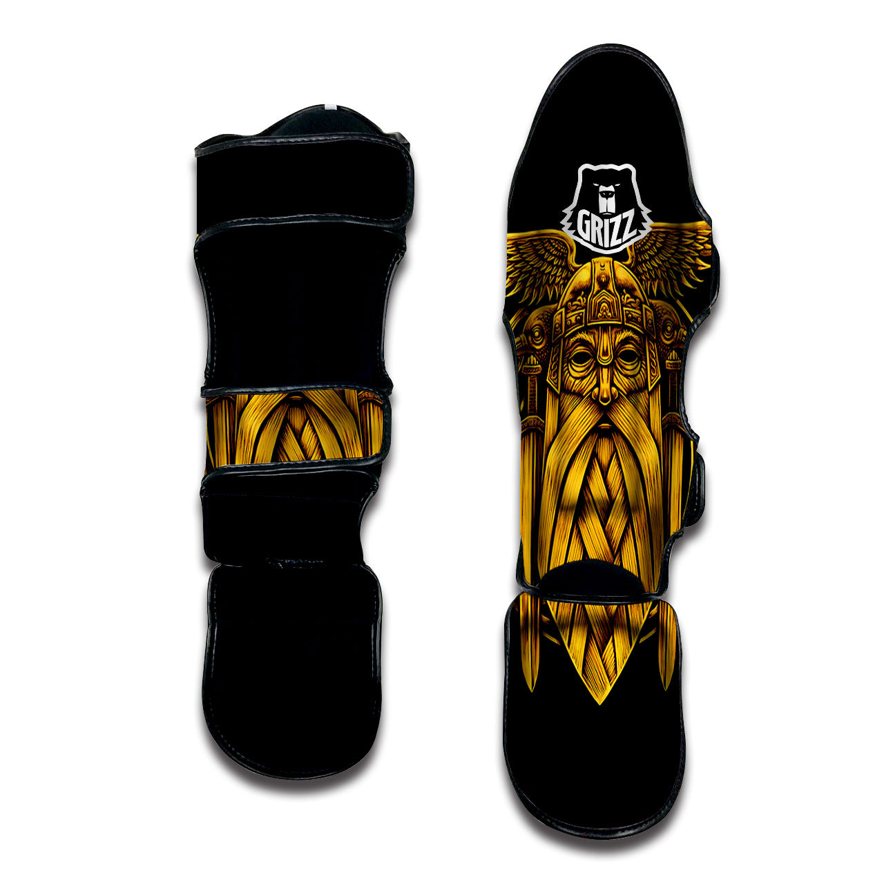 Odin God And Crow Gold Viking Print Muay Thai Shin Guards-grizzshop