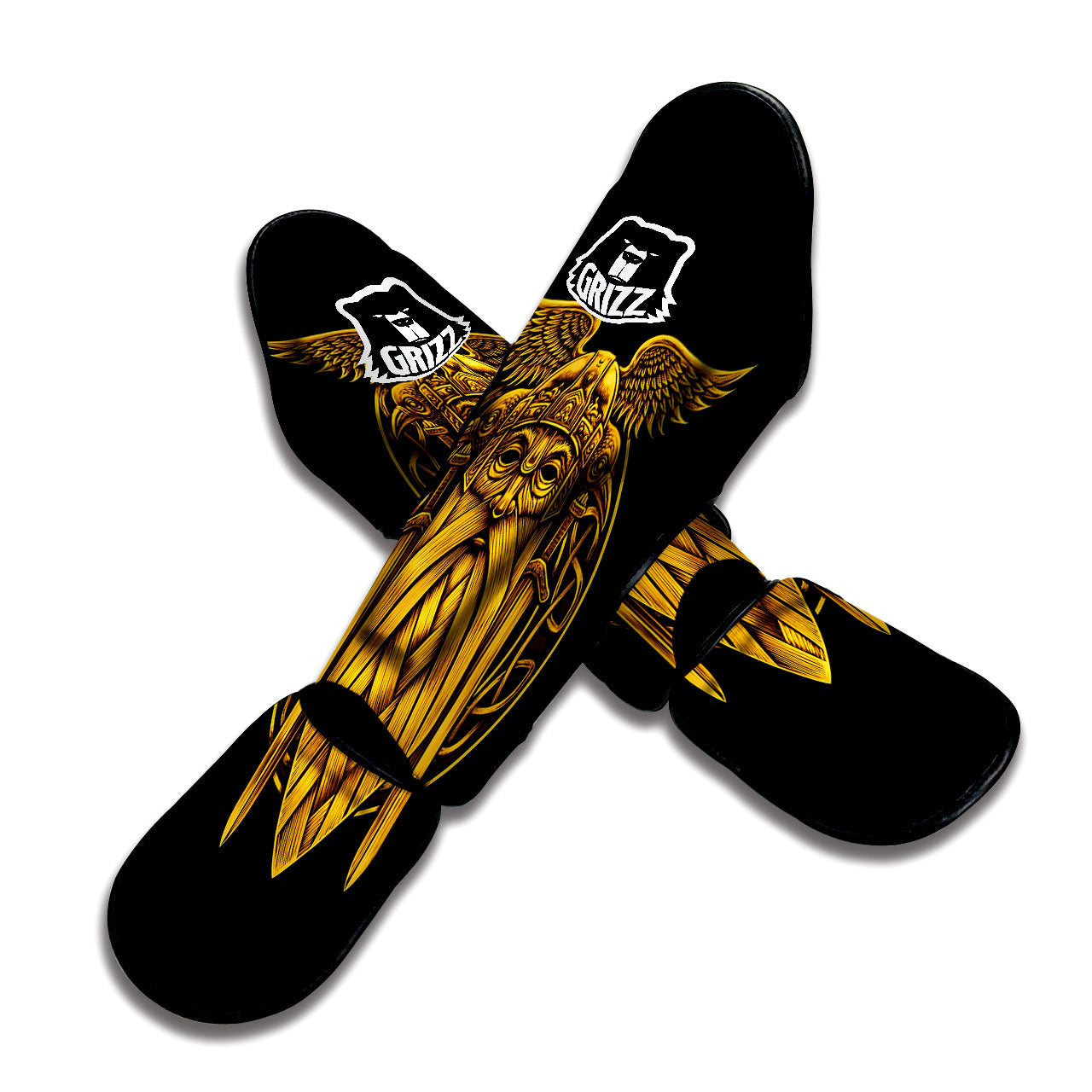 Odin God And Crow Gold Viking Print Muay Thai Shin Guards-grizzshop