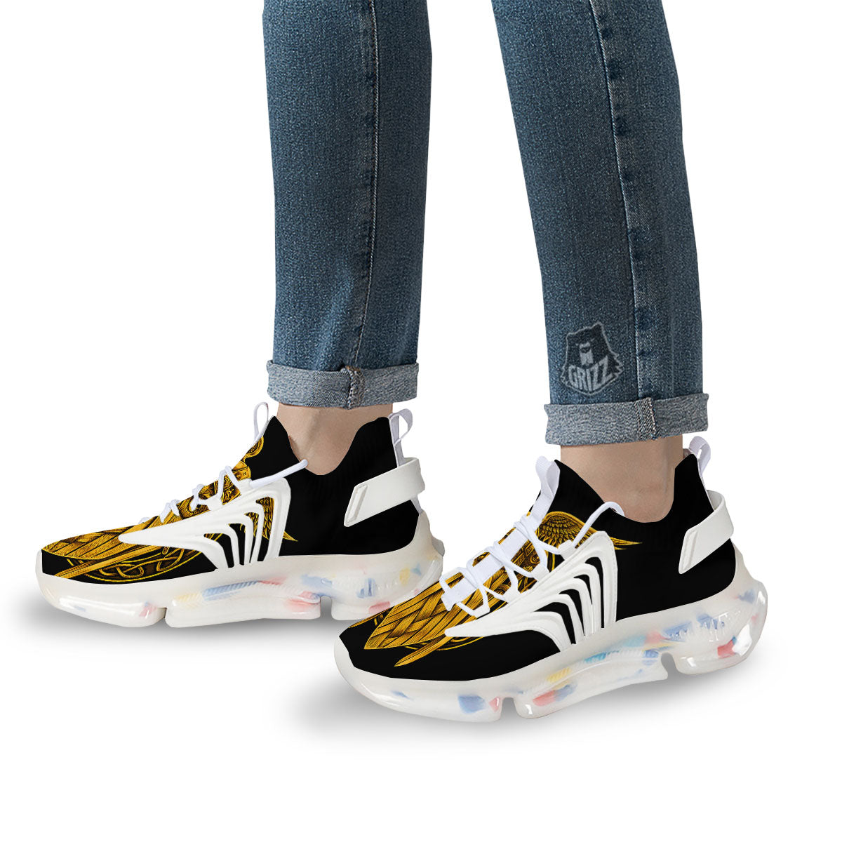 Odin God And Crow Gold Viking Print White Gym Shoes-grizzshop