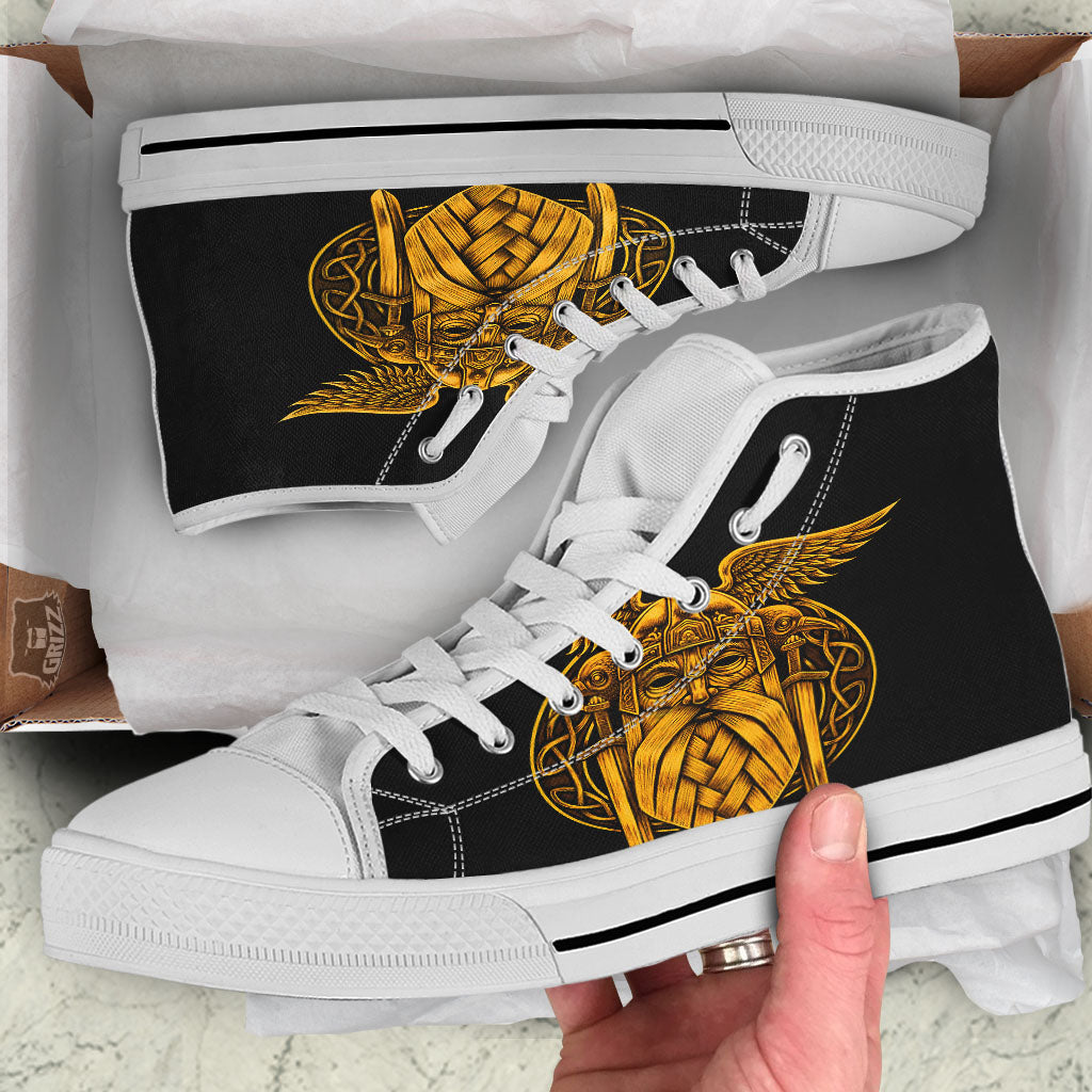 Odin God And Crow Gold Viking Print White High Top Shoes-grizzshop