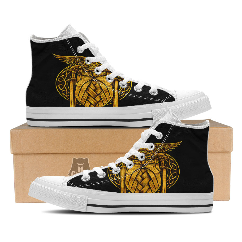 Odin God And Crow Gold Viking Print White High Top Shoes-grizzshop