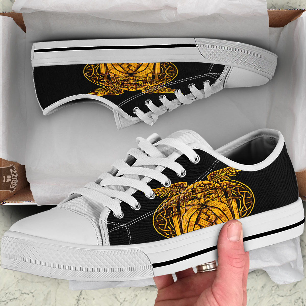 Odin God And Crow Gold Viking Print White Low Top Shoes-grizzshop