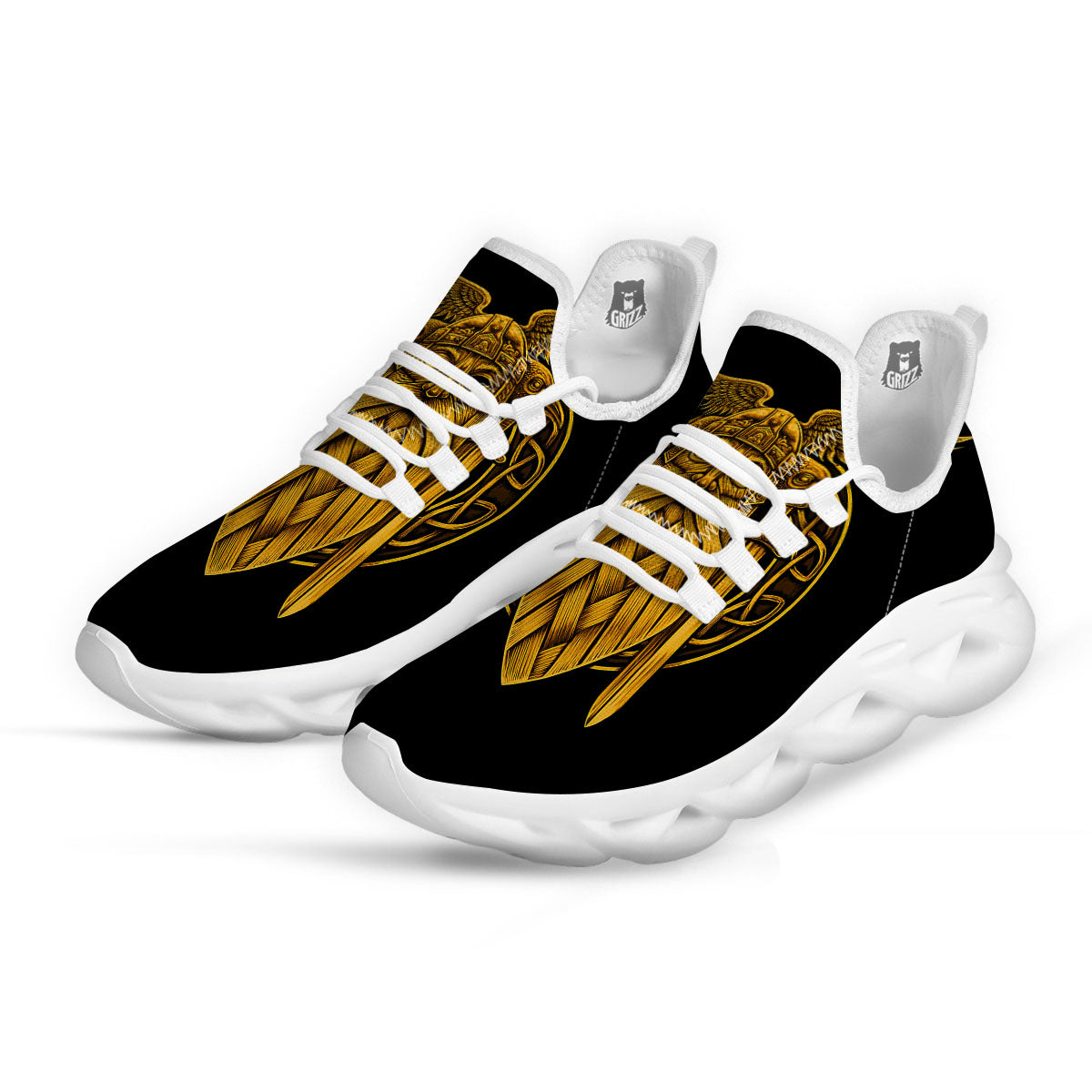Odin God And Crow Gold Viking Print White Running Shoes-grizzshop