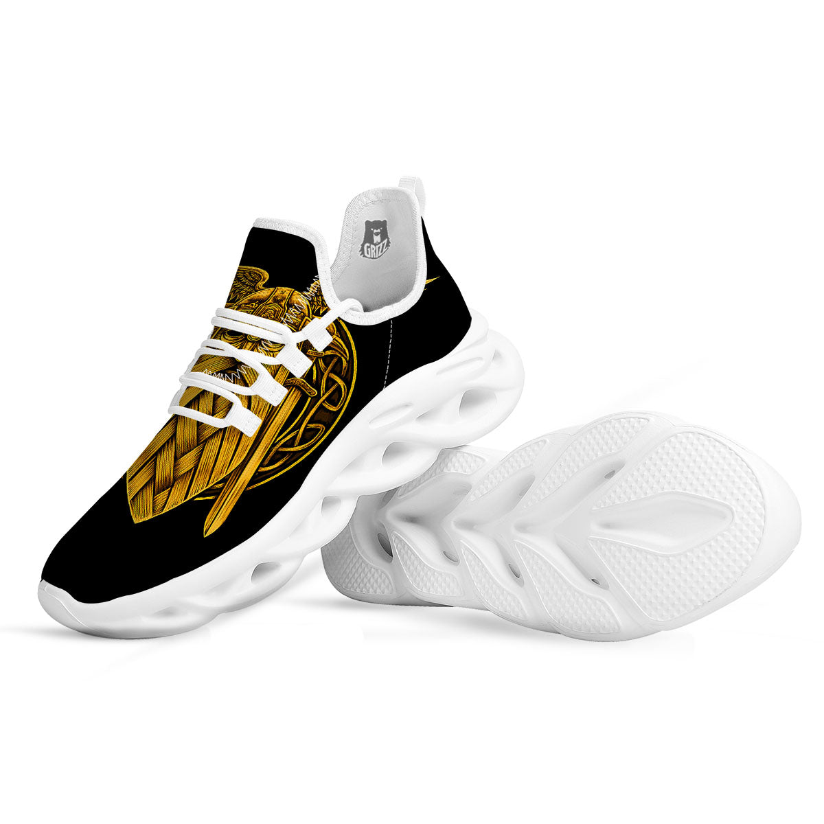 Odin God And Crow Gold Viking Print White Running Shoes-grizzshop