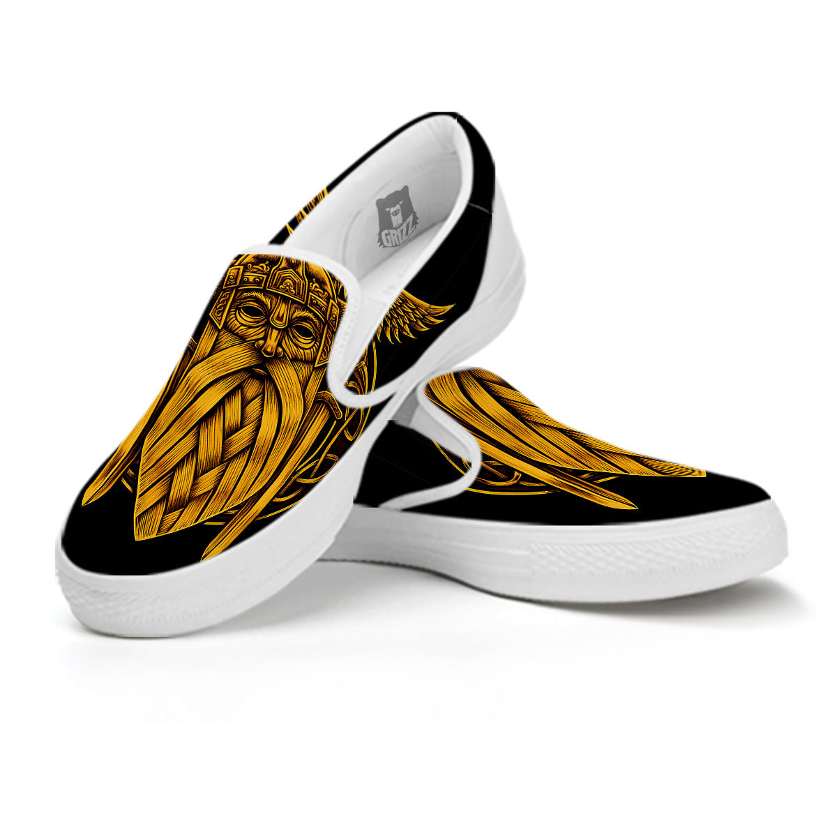 Odin God And Crow Gold Viking Print White Slip On Shoes-grizzshop