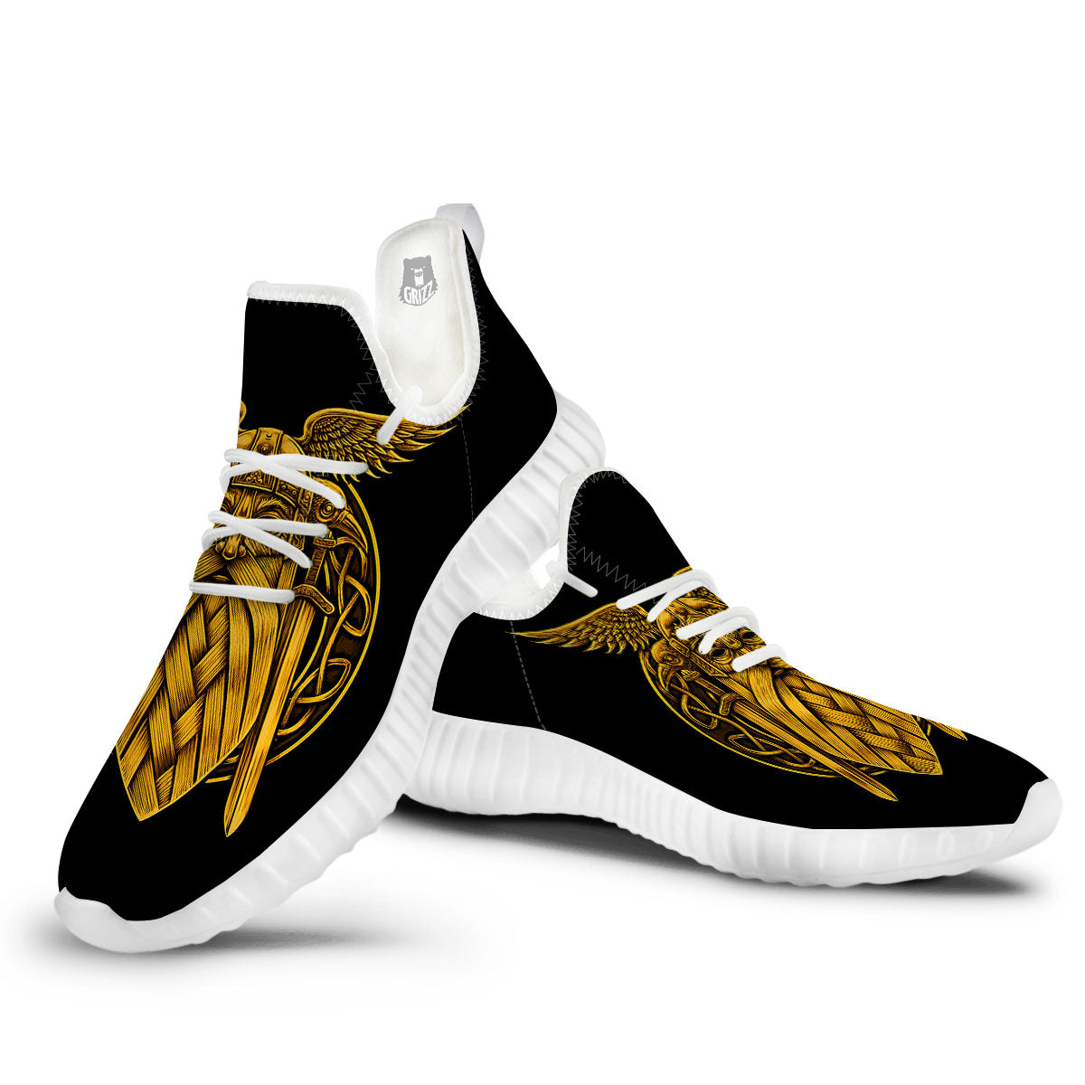 Odin God And Crow Gold Viking Print White Walking Shoes-grizzshop