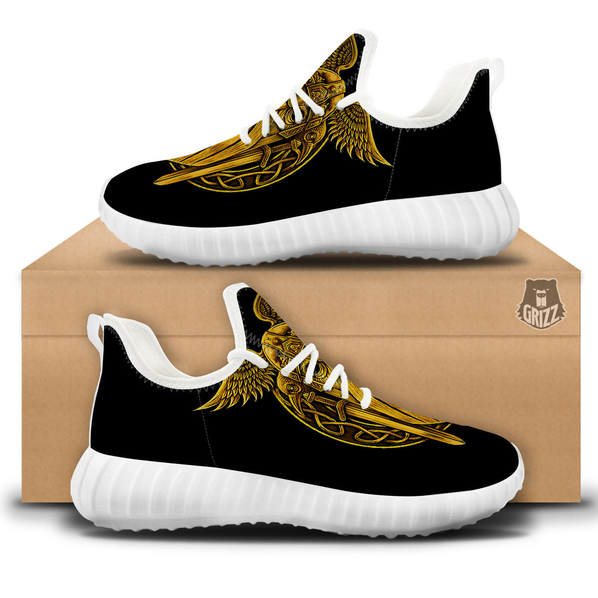 Odin God And Crow Gold Viking Print White Walking Shoes-grizzshop