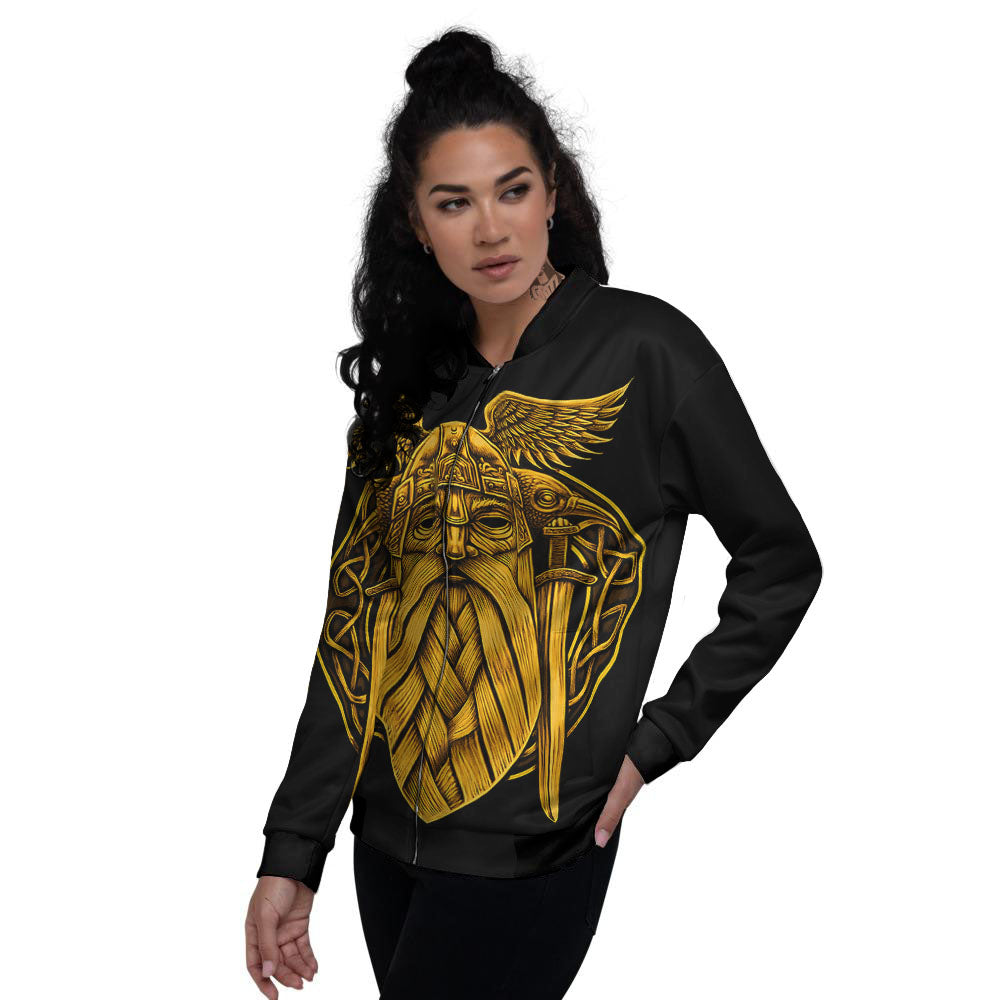Odin God And Crow Gold Viking Print Women's Bomber Jacket-grizzshop