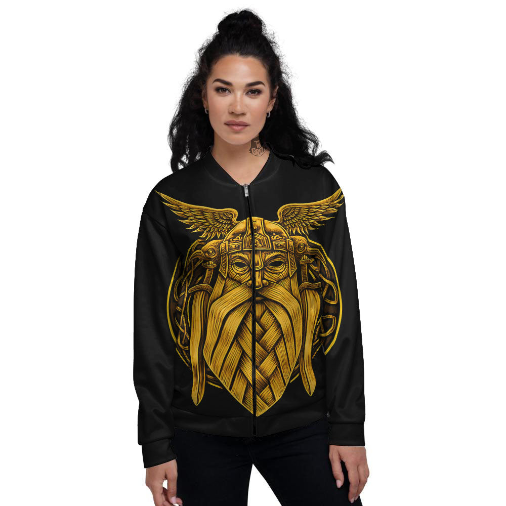 Odin God And Crow Gold Viking Print Women's Bomber Jacket-grizzshop