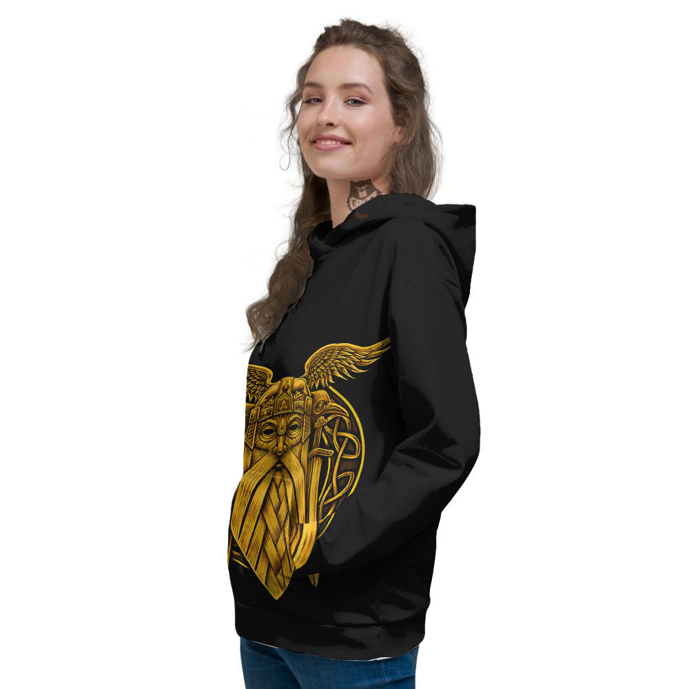 Odin God And Crow Gold Viking Print Women's Hoodie-grizzshop