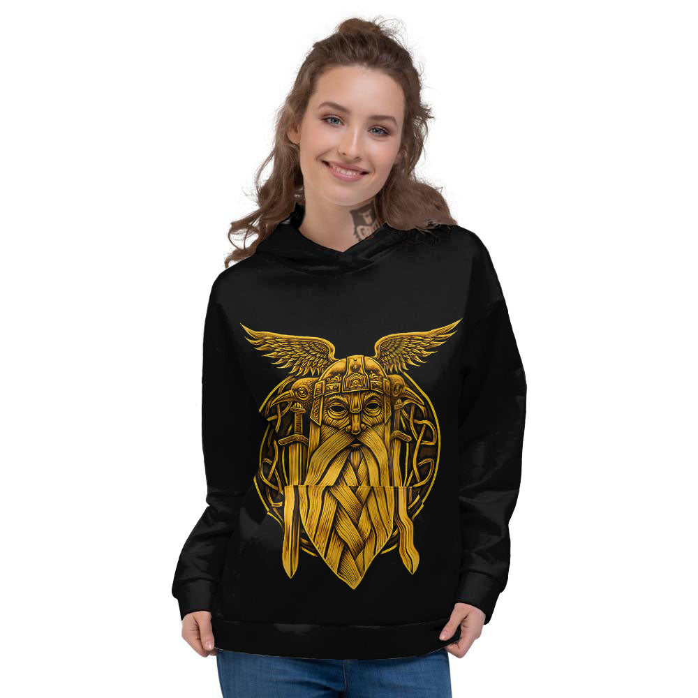 Odin God And Crow Gold Viking Print Women's Hoodie-grizzshop