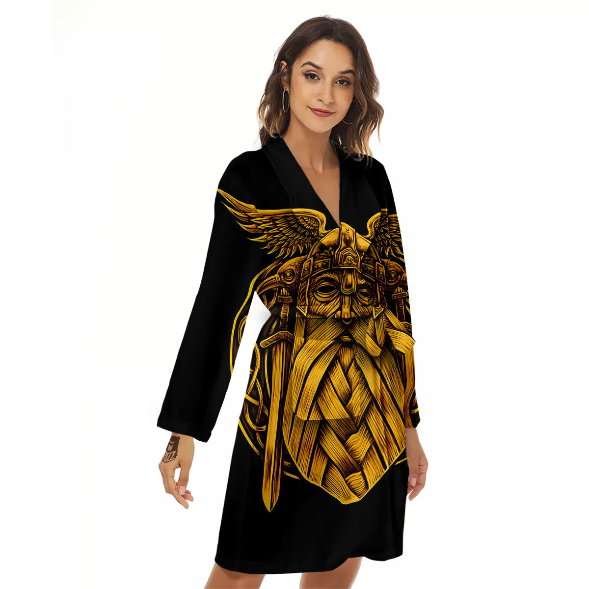 Odin God And Crow Gold Viking Print Women's Robe-grizzshop