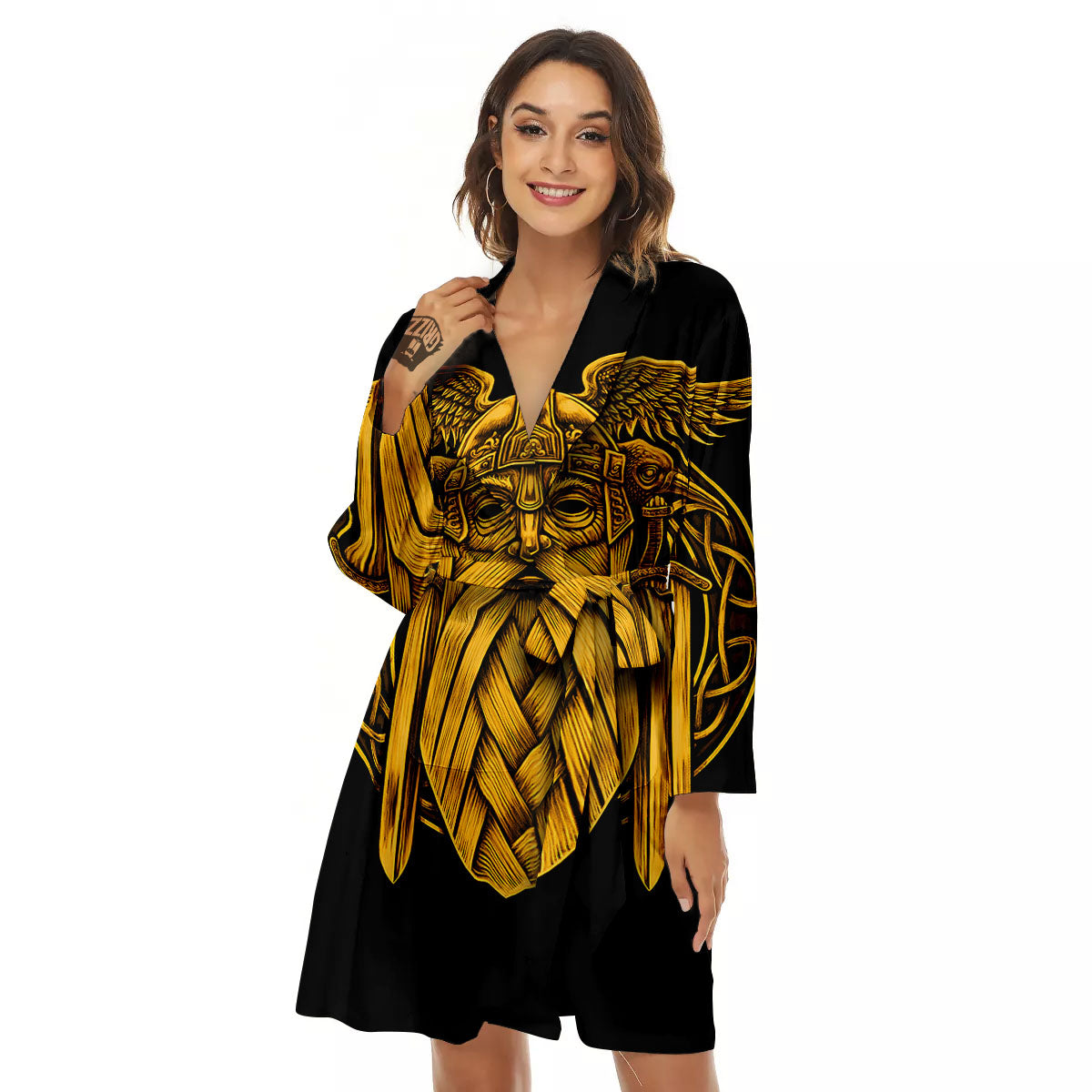 Odin God And Crow Gold Viking Print Women's Robe-grizzshop