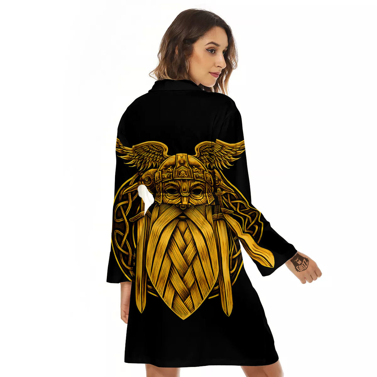 Odin God And Crow Gold Viking Print Women's Robe-grizzshop
