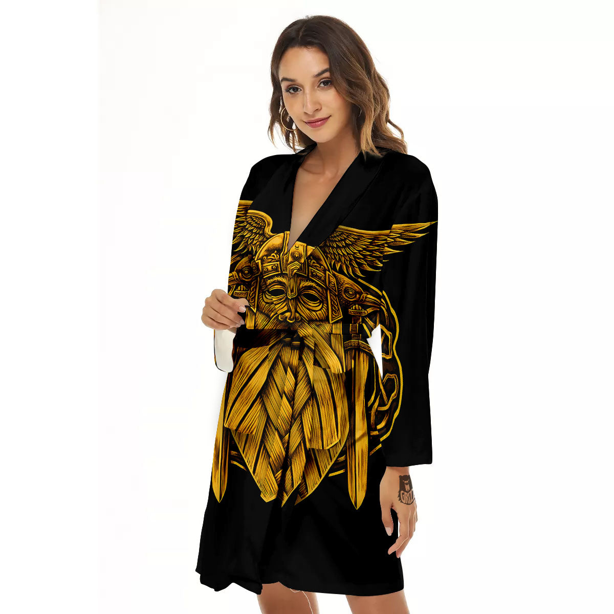 Odin God And Crow Gold Viking Print Women's Robe-grizzshop