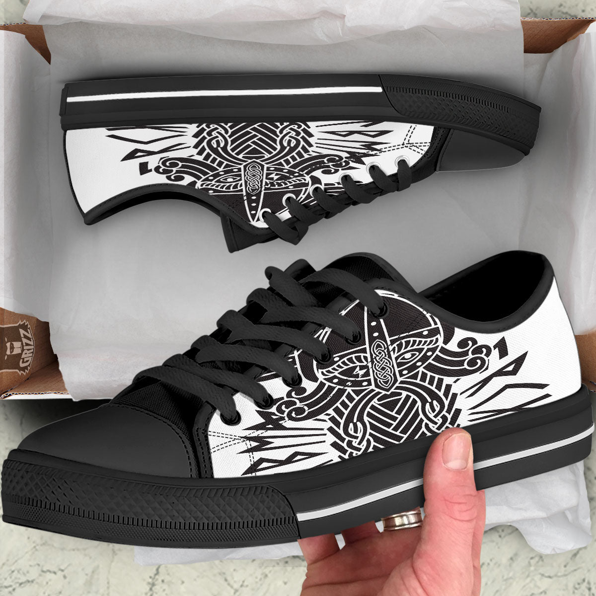 Odin God With Muninn And Huginn Print Black Low Top Shoes-grizzshop
