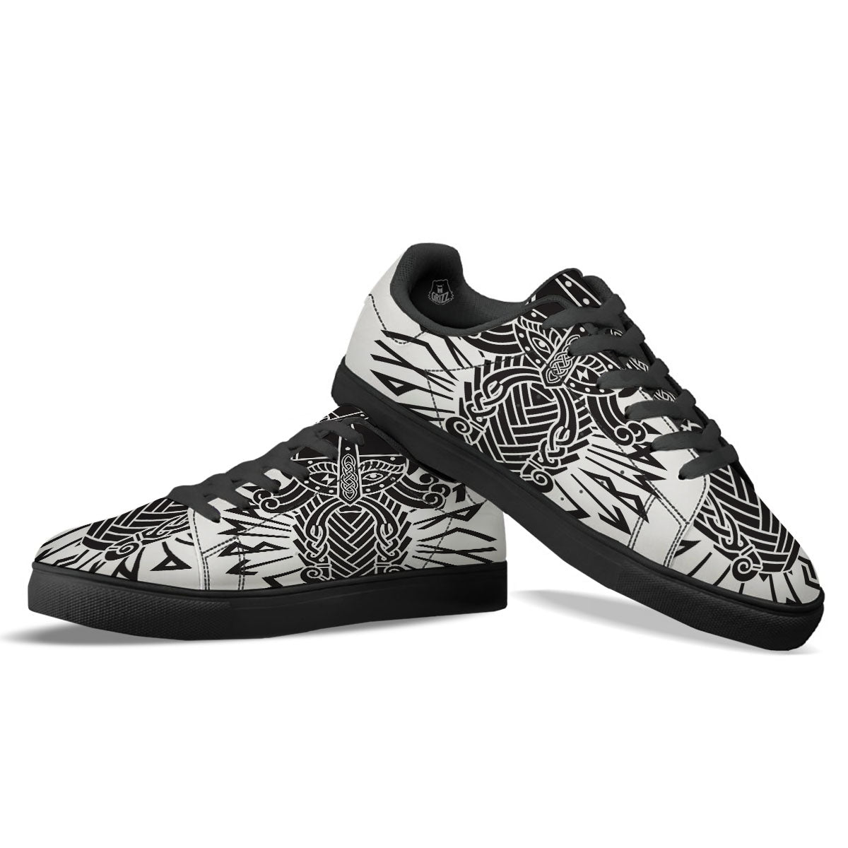 Odin God With Muninn And Huginn Print Black Low Top Sneakers-grizzshop