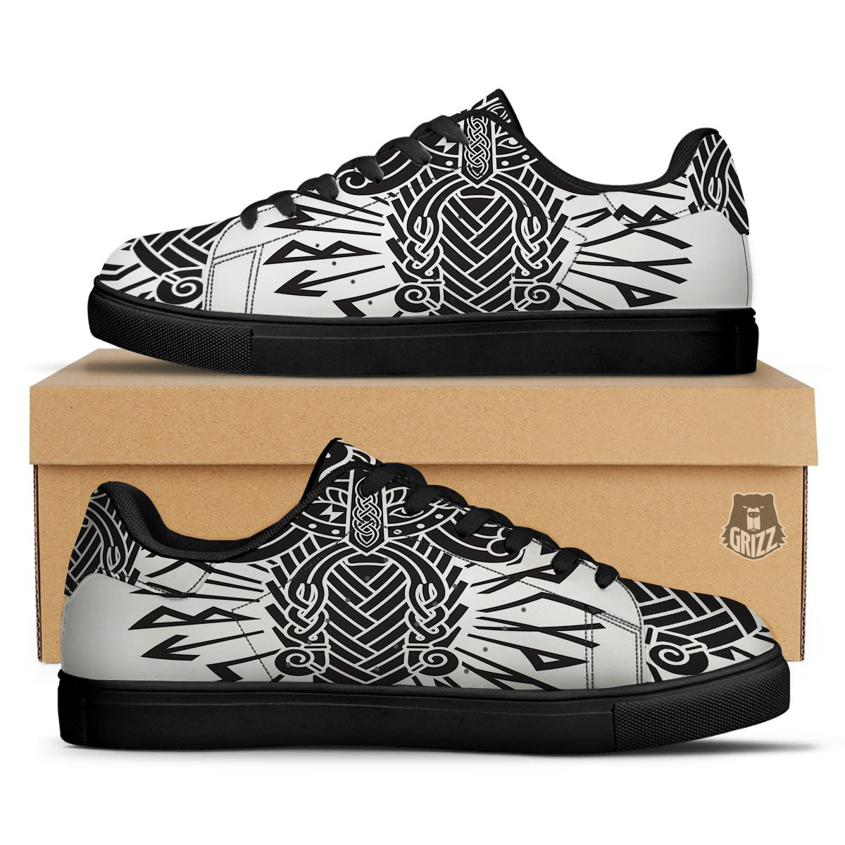 Odin God With Muninn And Huginn Print Black Low Top Sneakers-grizzshop