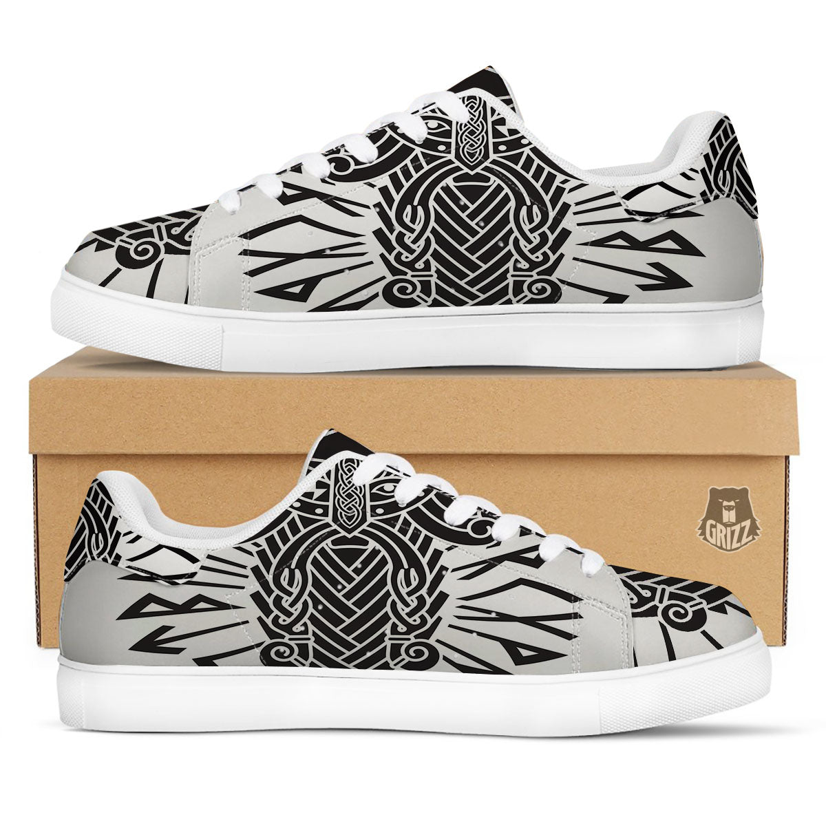 Odin God With Muninn And Huginn Print White Low Top Sneakers-grizzshop