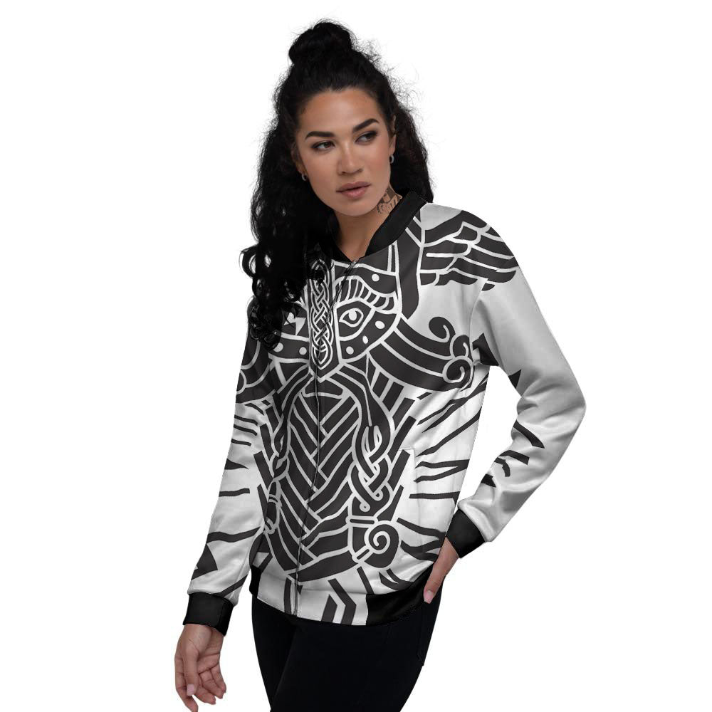 Odin God With Muninn And Huginn Print Women's Bomber Jacket-grizzshop